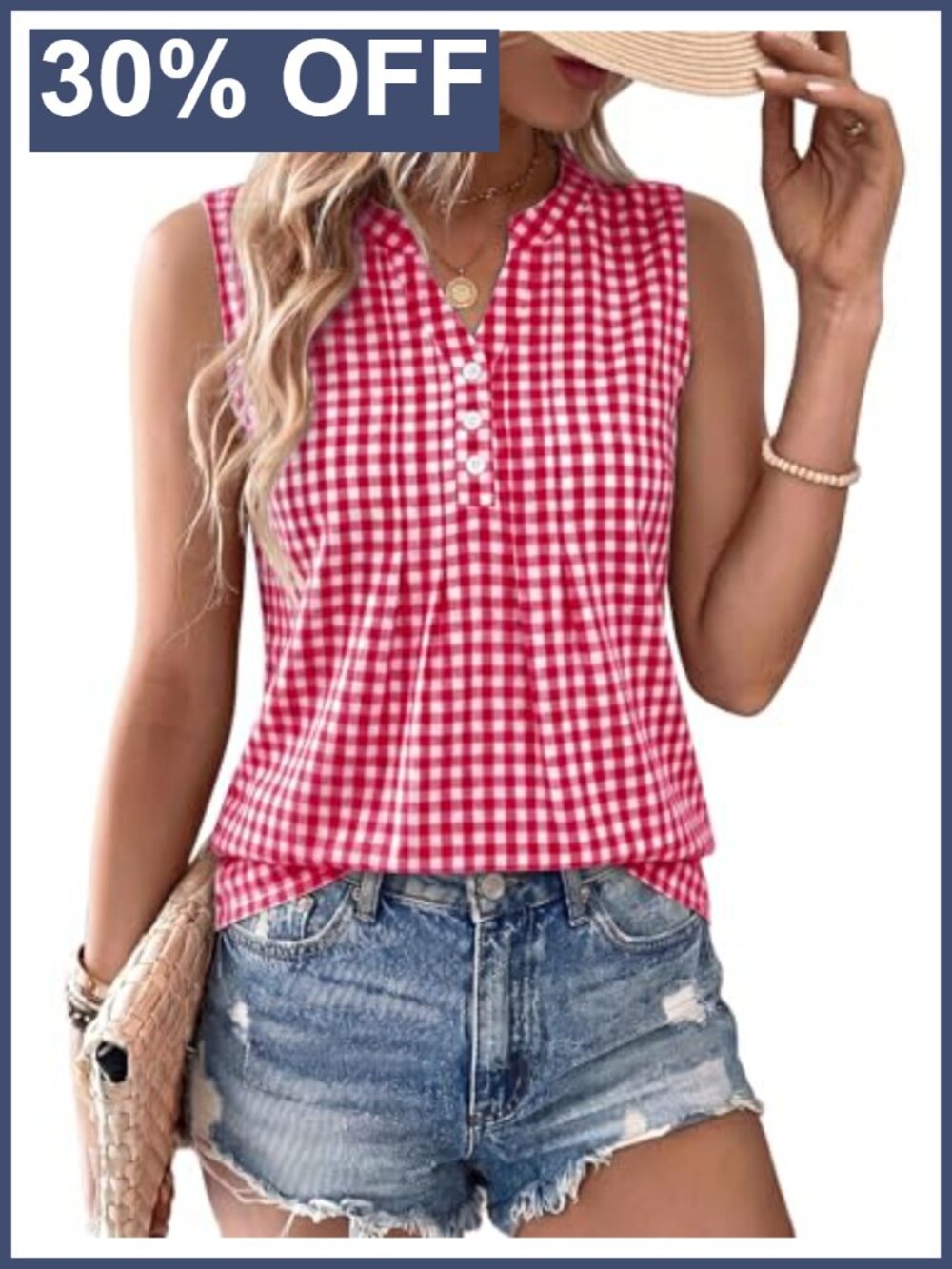 Women's Cotton Linen V-Neck Tank Top | Pleated Sleeveless Blouse | Woven A-Line